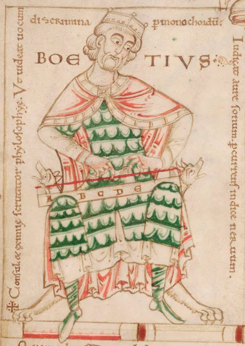 Medieval miniature of Boethius: an allegorical figure of Philosophy leans over the seated prisoner writing in a book
