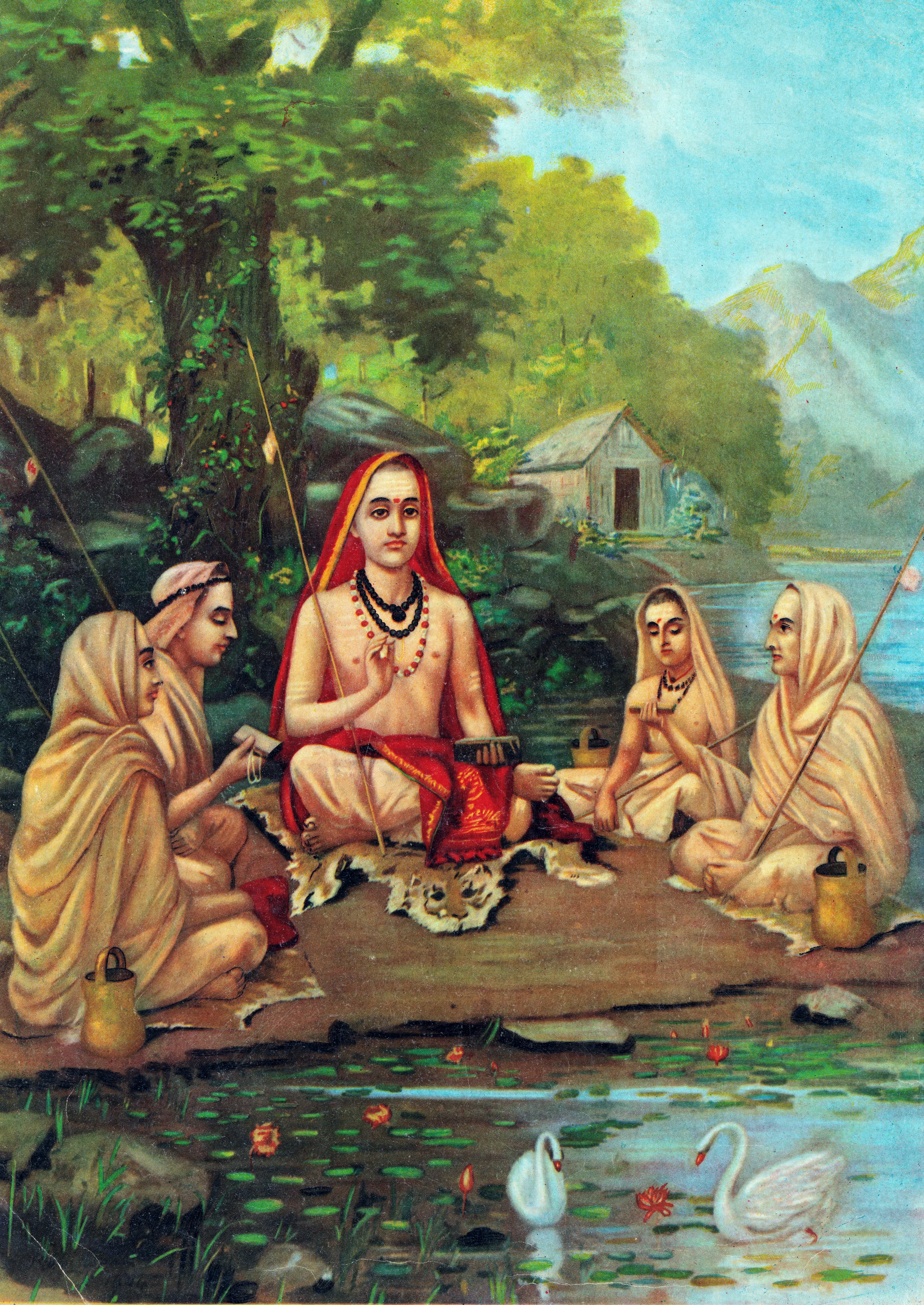 Raja Ravi Varma'nın Şankara portresi: turuncu cübbeli, elinde el yazması tutan, öğrencileriyle çevrili bir bilge
