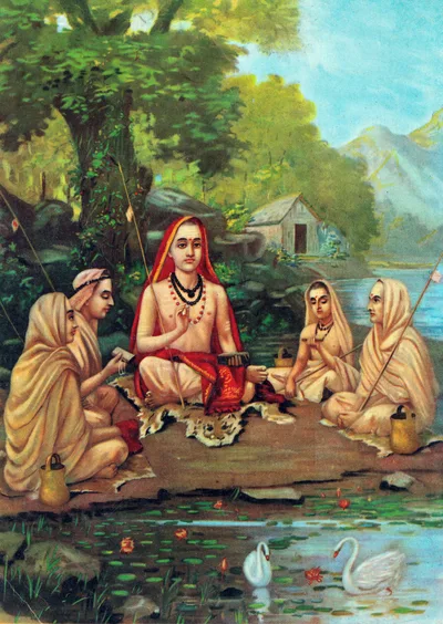 Raja Ravi Varma's portrait of Shankara: a sage in orange robes holding a manuscript, surrounded by disciples