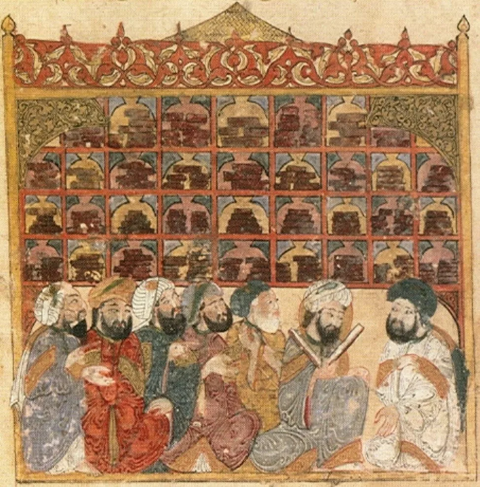A thirteenth-century Baghdad miniature: scholars in conversation in a library lined with shelves of books