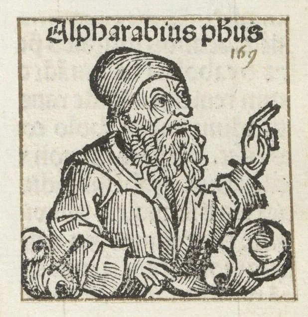 A 1493 engraving of al-Farabi from the Liber Chronicarum: a turbaned, bearded Muslim scholar in profile