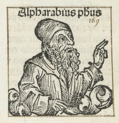 A 1493 engraving of al-Farabi from the Liber Chronicarum: a turbaned, bearded Muslim scholar in profile