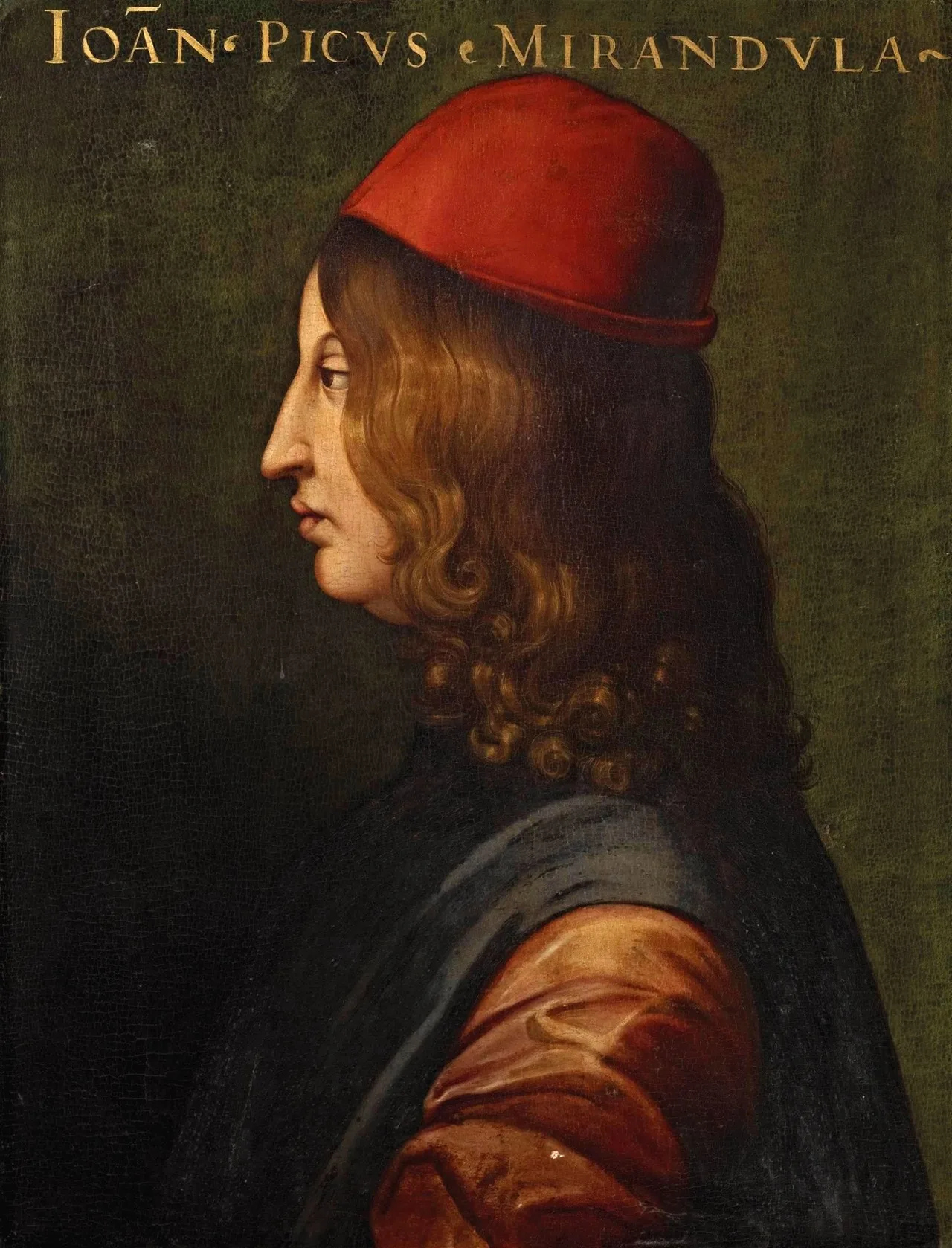 A sixteenth-century Uffizi portrait of Pico della Mirandola: a young humanist with long hair to the shoulders, wearing a fur-trimmed gown