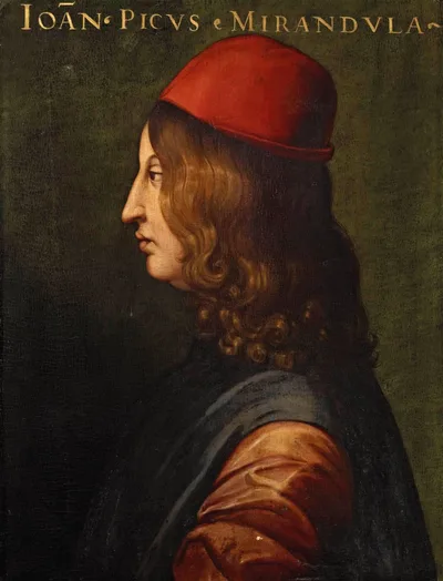 A sixteenth-century Uffizi portrait of Pico della Mirandola: a young humanist with long hair to the shoulders, wearing a fur-trimmed gown