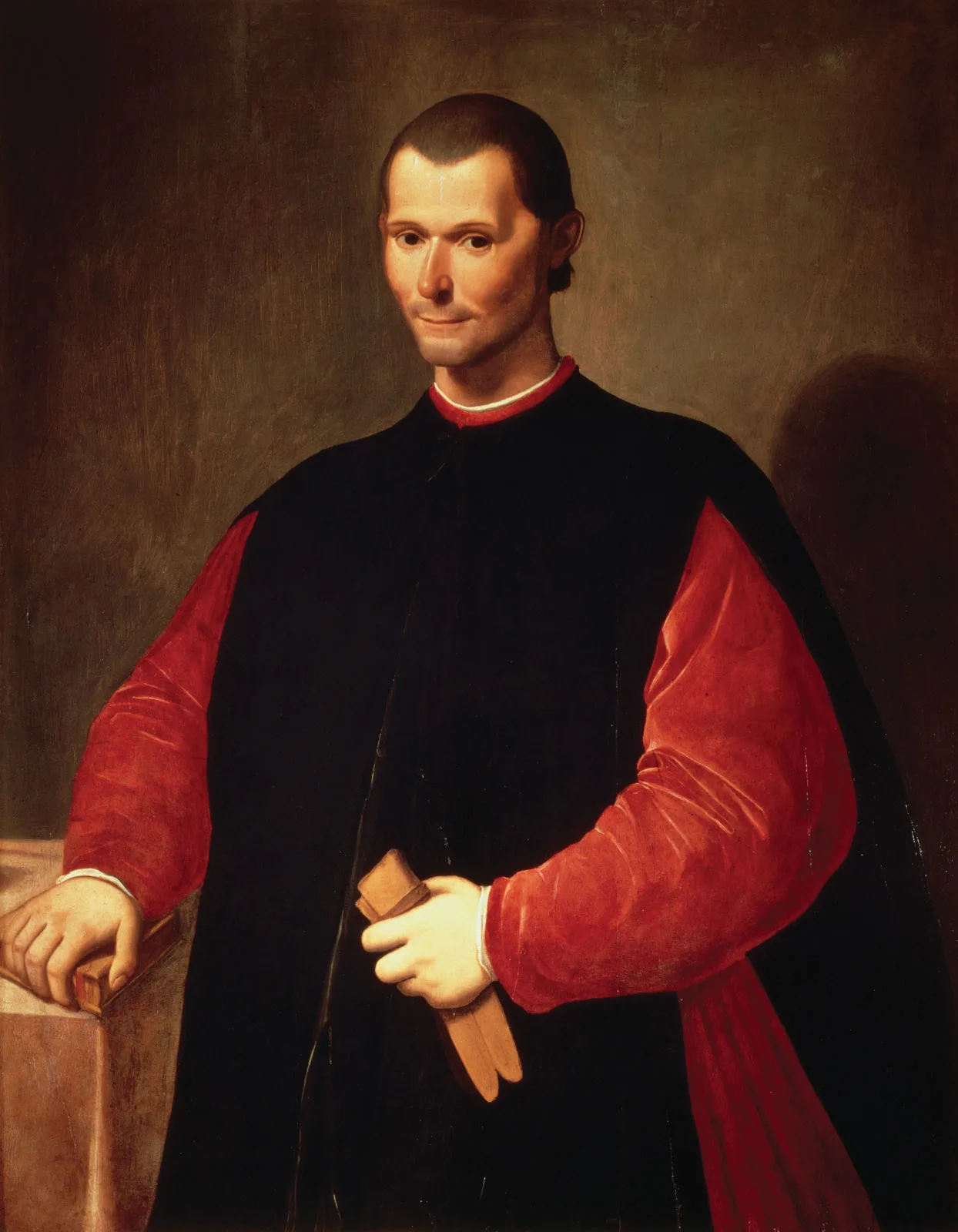 Santi di Tito's portrait of Machiavelli in black robes, with a faint smile