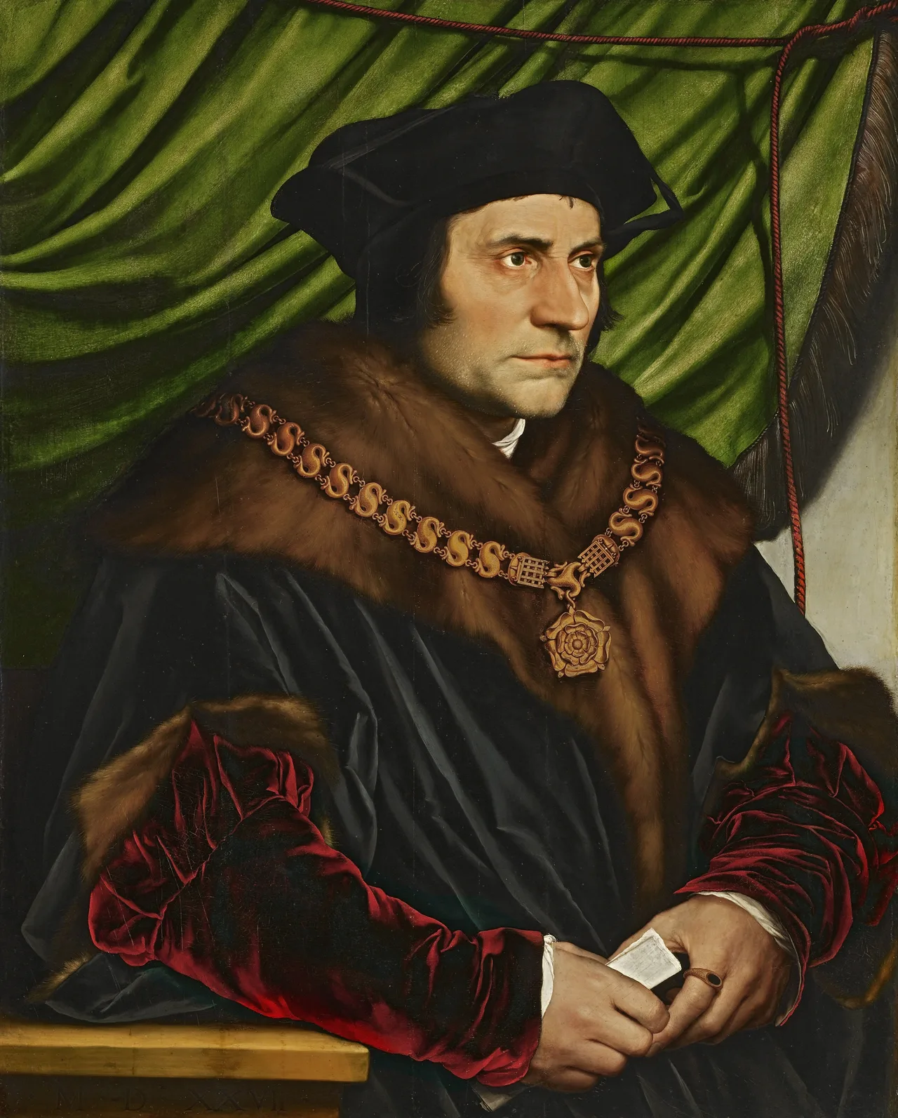 Hans Holbein the Younger's 1527 portrait of Thomas More: a man in formal red velvet robes with a fur collar and a heavy gold chain of office