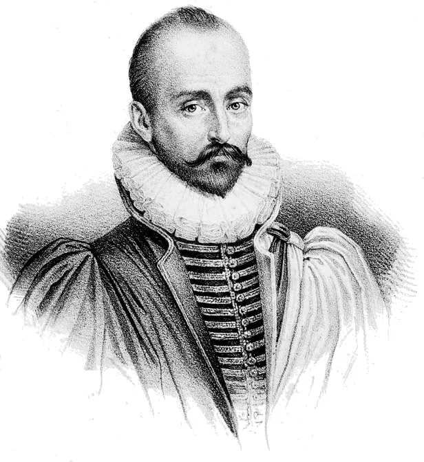 A 19th-century lithograph of Michel de Montaigne, bearded and in period dress with a ruffled collar, turned slightly to the side