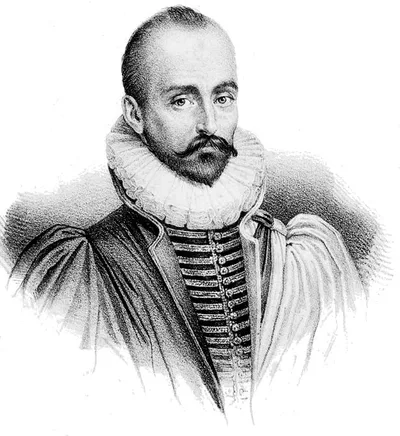 A 19th-century lithograph of Michel de Montaigne, bearded and in period dress with a ruffled collar, turned slightly to the side