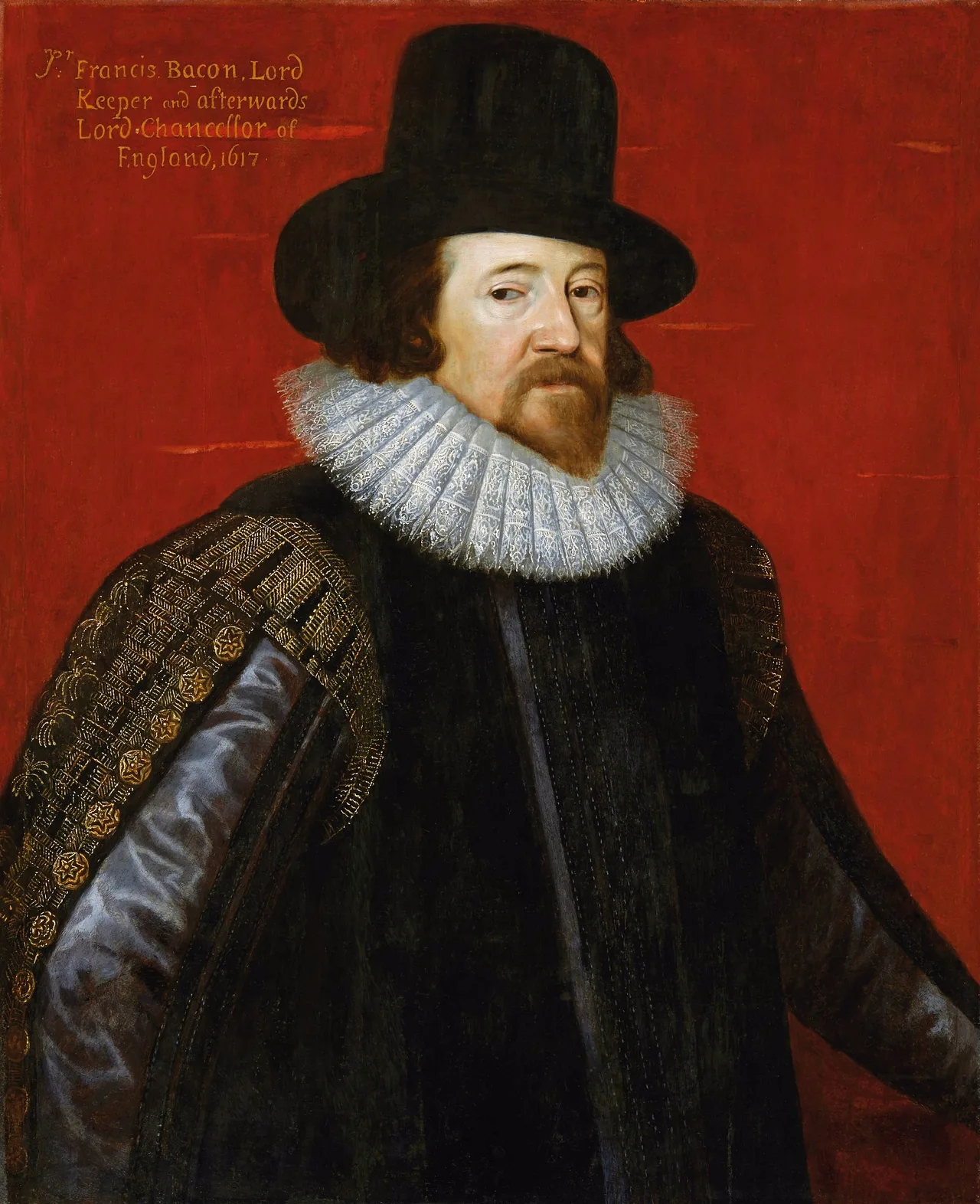 Half-length portrait of Francis Bacon in the robes of Lord Chancellor: black gown, white ruff, holding documents in his right hand