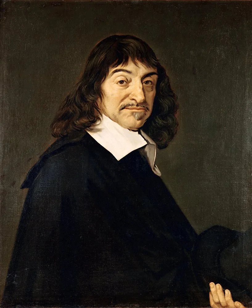 The well-known Descartes portrait attributed to the workshop of Frans Hals: the philosopher in dark clothes and long hair, turned slightly to one side with a calm expression.