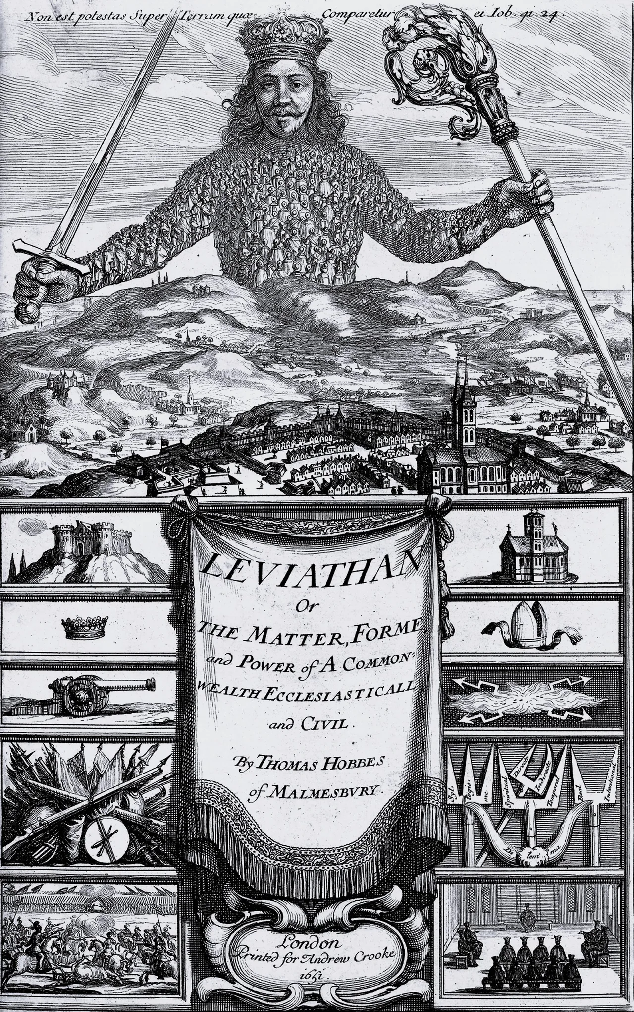 The 1651 frontispiece engraving of *Leviathan*: a crowned giant rising behind a hill, his body composed of hundreds of tiny human figures, holding a sword in one hand and a bishop's crozier in the other