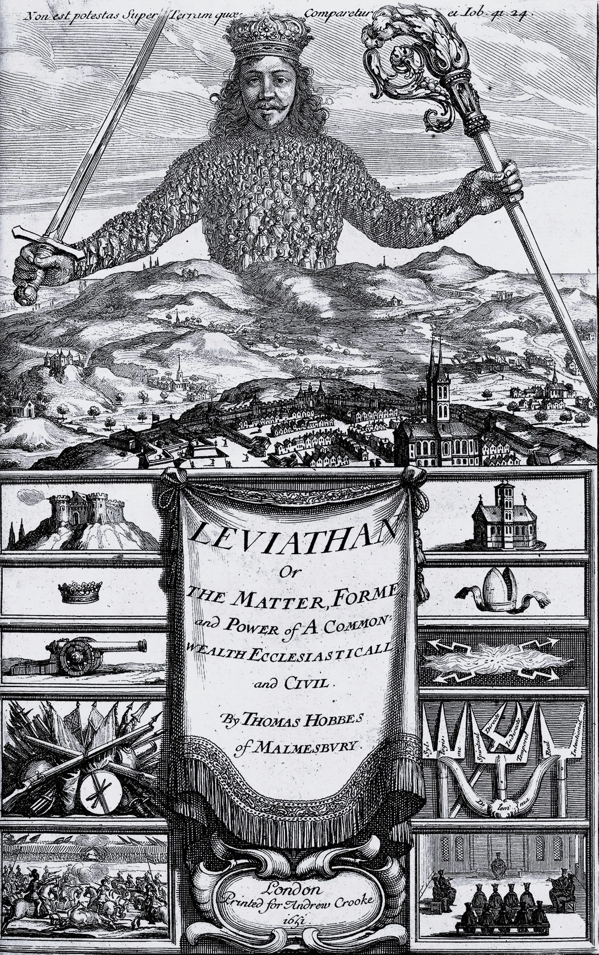 *Leviathan*'ın 1651 frontispice gravürü: bir tepenin arkasında yükselen, gövdesi yüzlerce küçük insandan oluşan taçlı dev hükümdar, bir elinde kılıç, diğerinde piskoposluk asası