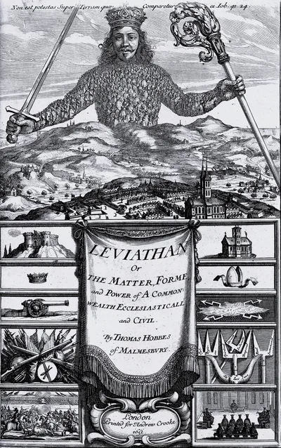 The 1651 frontispiece engraving of *Leviathan*: a crowned giant rising behind a hill, his body composed of hundreds of tiny human figures, holding a sword in one hand and a bishop's crozier in the other