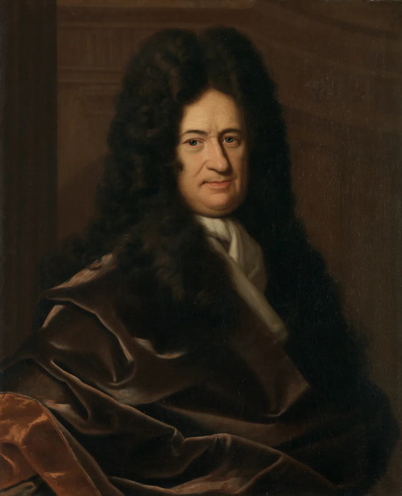 Oil portrait of a middle-aged Leibniz in dark wig and white collar against a dark background, painted by Christoph Bernhard Francke around 1695