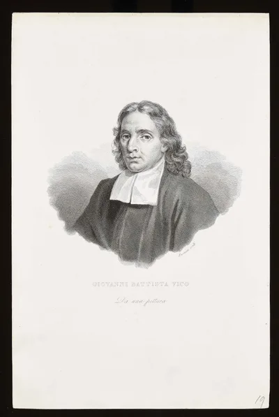 Oil portrait of Giambattista Vico: a middle-aged man in a wig and dark clothing, holding a book