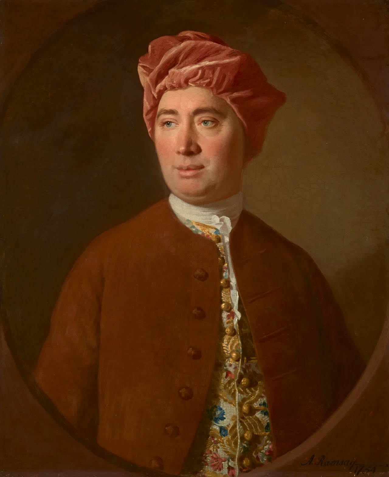 Allan Ramsay's 1766 portrait of David Hume — red coat, thoughtful face against a lit background