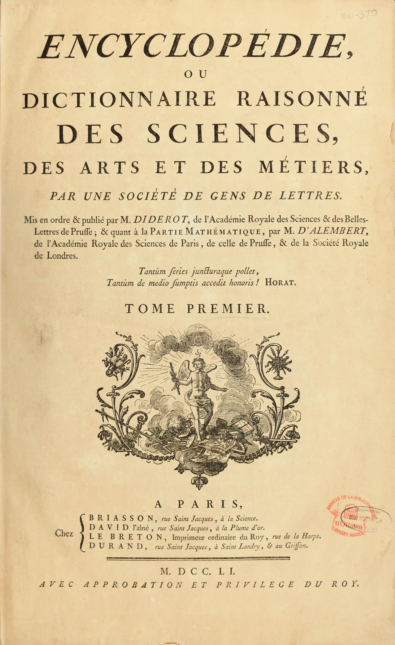 The engraved frontispiece of the 1751 first volume of the Encyclopédie: an allegorical figure of Reason on clouds, surrounded by figures representing Art, Science, and Philosophy