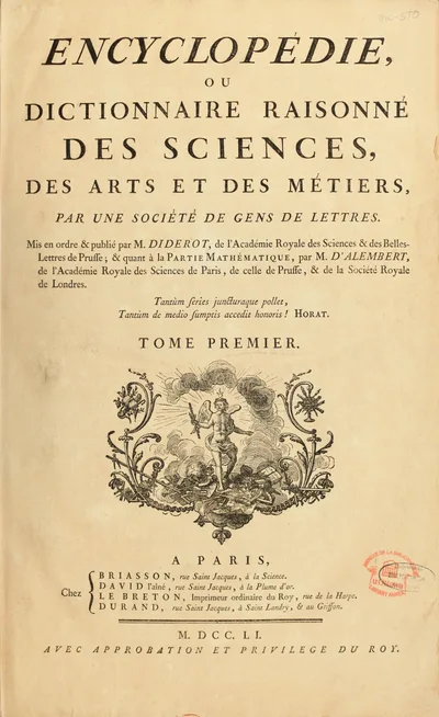The engraved frontispiece of the 1751 first volume of the Encyclopédie: an allegorical figure of Reason on clouds, surrounded by figures representing Art, Science, and Philosophy