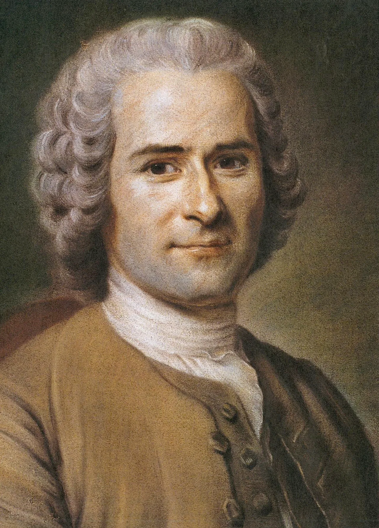 Maurice Quentin de La Tour's pastel portrait of Rousseau: an adult man in a grey coat, faintly smiling, turned toward the viewer