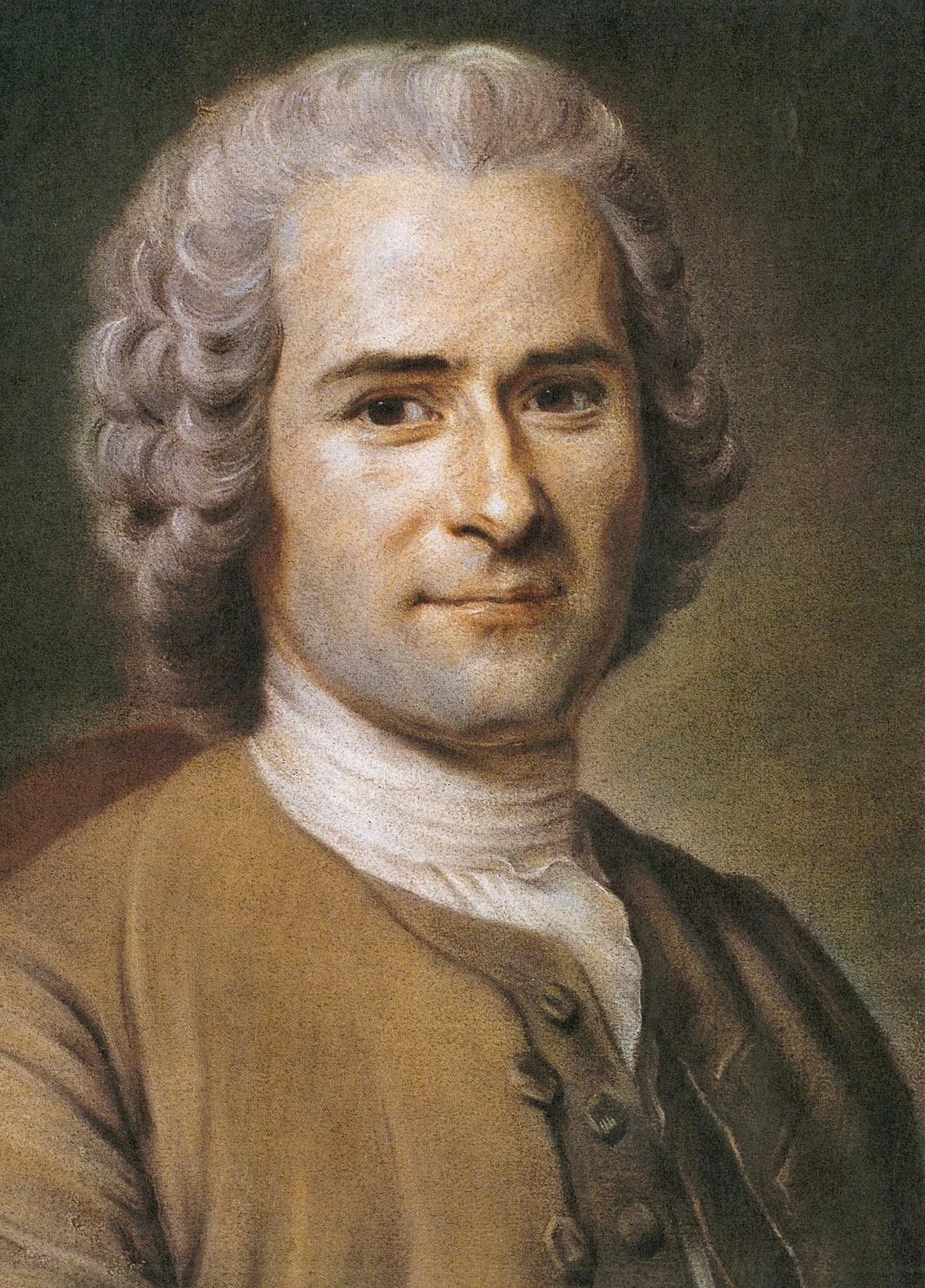 Maurice Quentin de La Tour's pastel portrait of Rousseau: an adult man in a grey coat, faintly smiling, turned toward the viewer