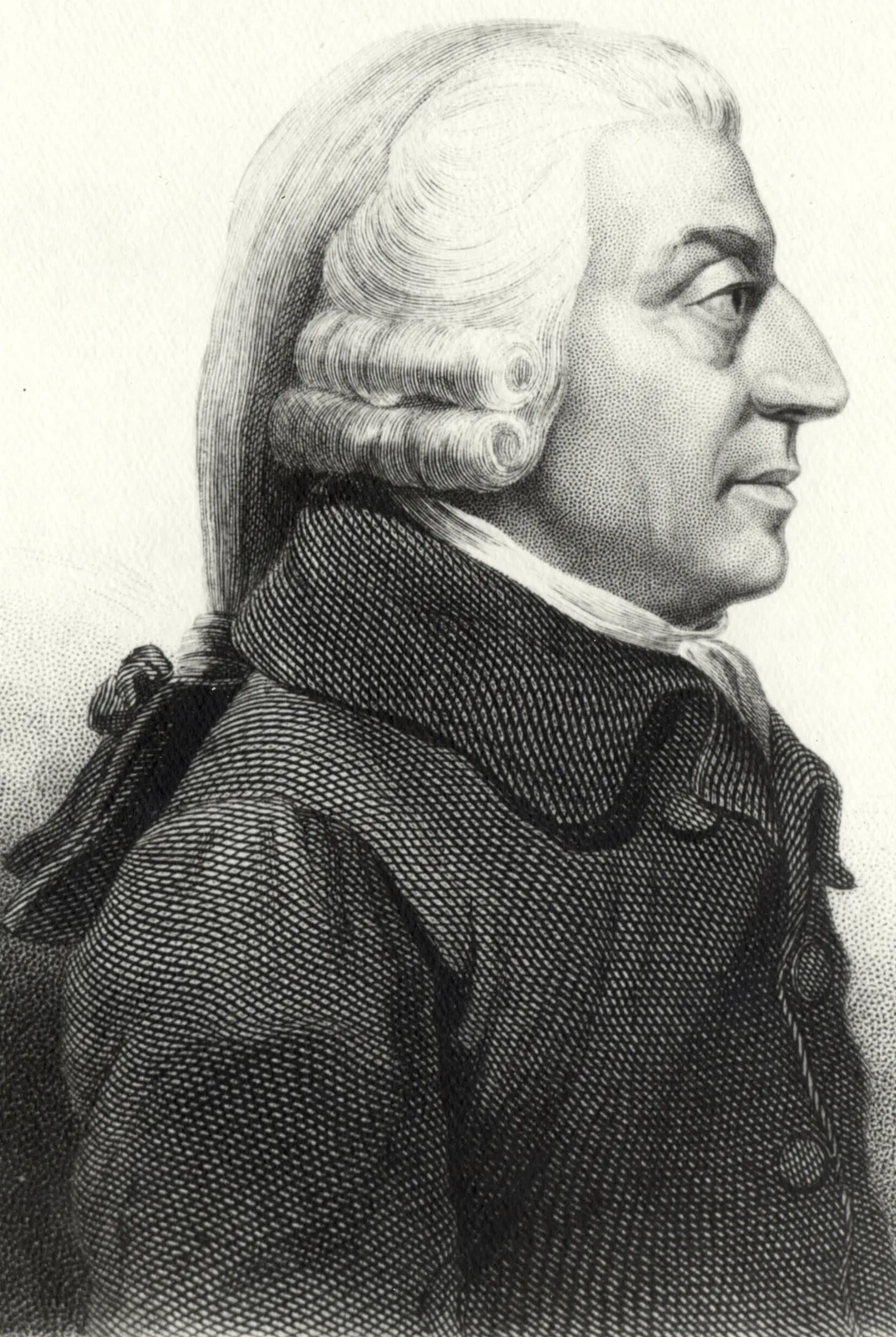Side profile portrait of Adam Smith — from James Tassie's 1787 paste medallion, wigged and plain