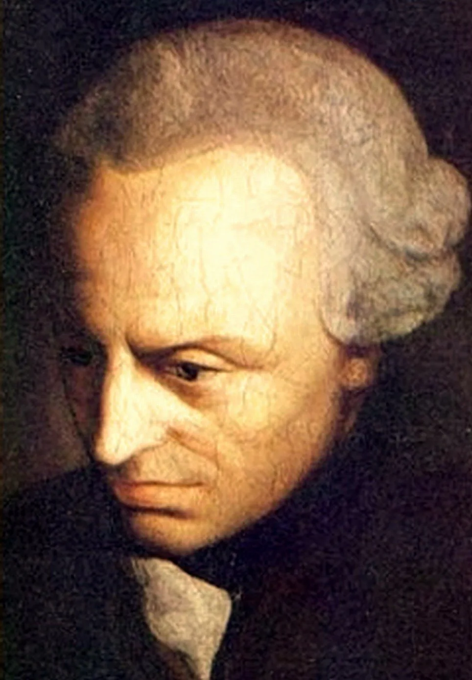 An anonymous c. 1790 portrait of Immanuel Kant: a thin-faced, serious-looking older man in a dark coat