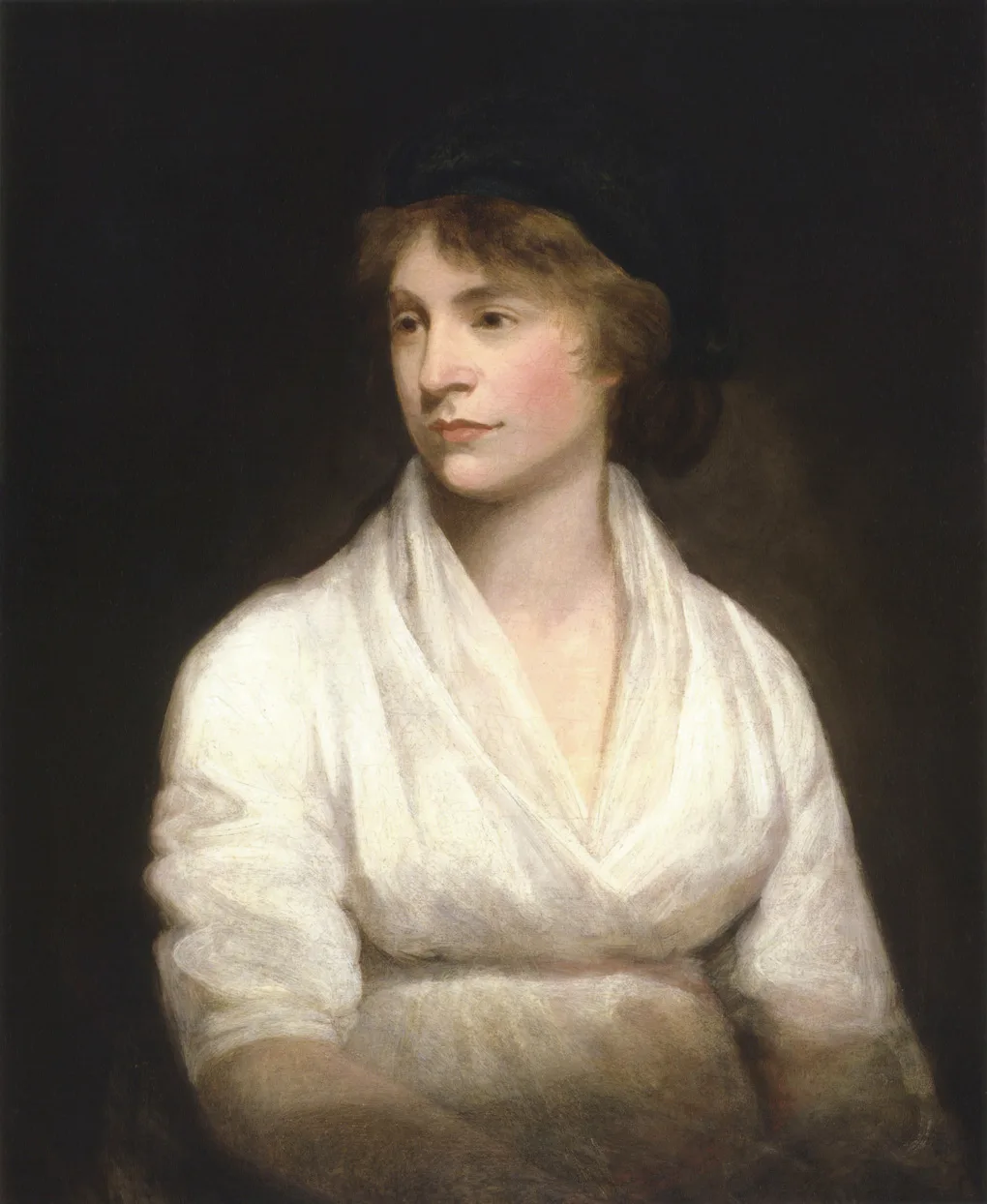 John Opie's c. 1797 portrait of Mary Wollstonecraft: a white muslin dress, a wide sash, and a direct, steady gaze toward the viewer
