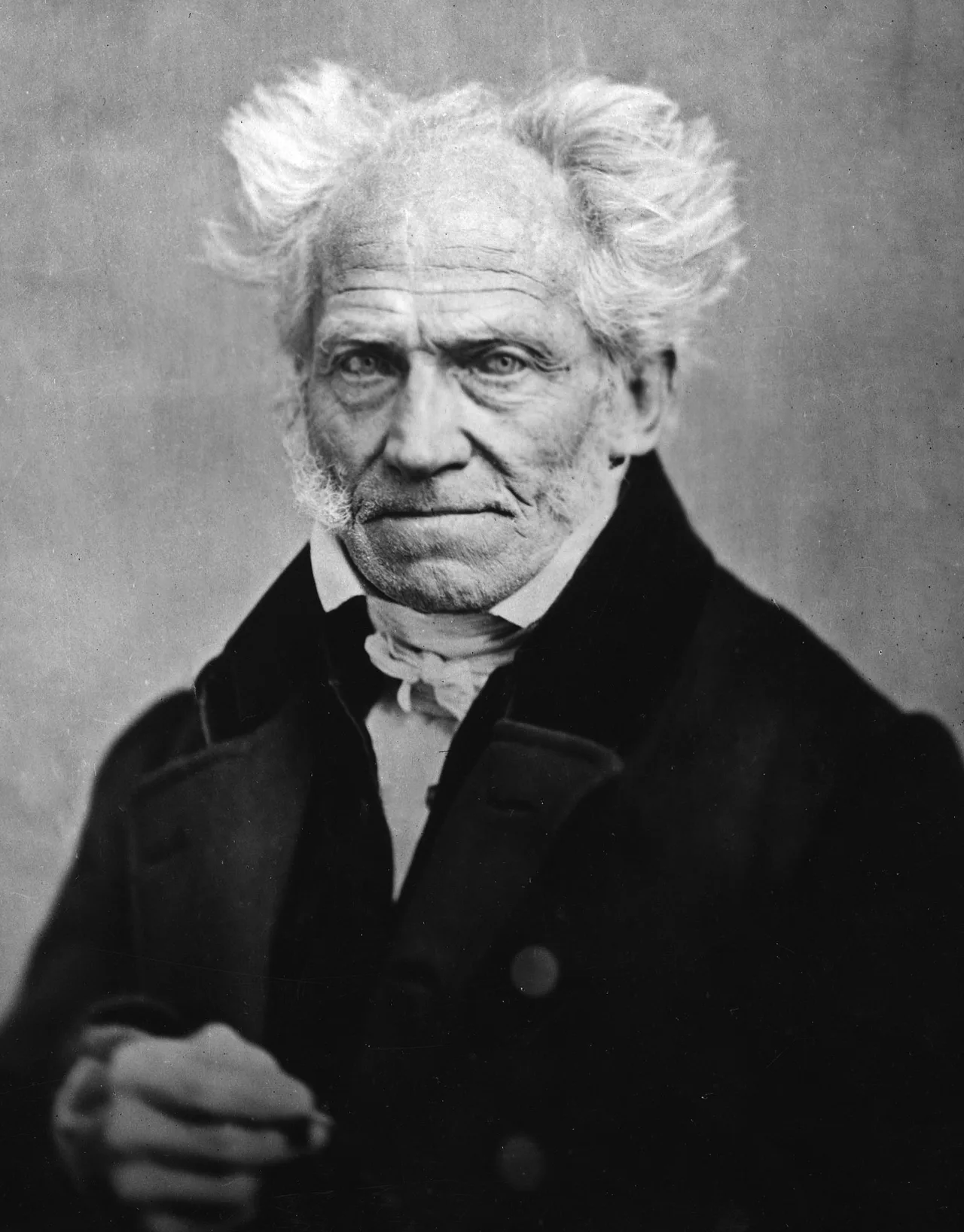 J. Schäfer's 1859 photograph of Schopenhauer: an elderly man with unkempt white hair and a determined gaze