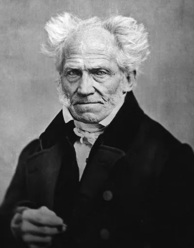 J. Schäfer's 1859 photograph of Schopenhauer: an elderly man with unkempt white hair and a determined gaze
