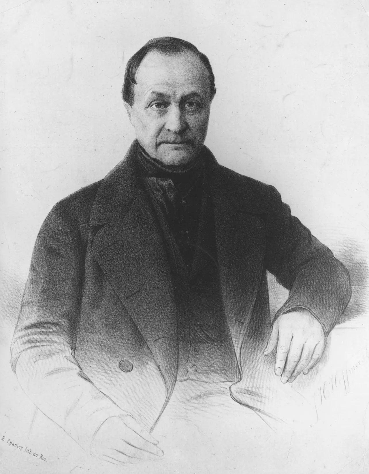 A 19th-century portrait of Auguste Comte: a balding man with a white collar, looking gravely outward