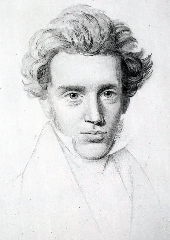 A 19th-century portrait of Søren Kierkegaard: a young man with a stiff collar, unruly hair, looking to one side