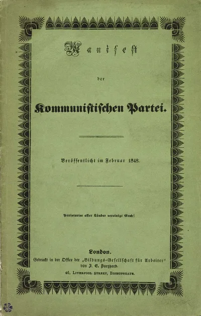 Cover of the 1848 London first edition of the Communist Manifesto — green paper with the German title 'Manifest der Kommunistischen Partei' and 'Veröffentlicht im Februar 1848' below