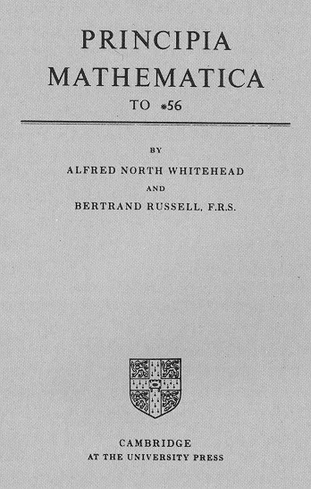 Red cloth cover of the 1910 Cambridge edition of Principia Mathematica: "PRINCIPIA MATHEMATICA / TO *56 / BY / A. N. WHITEHEAD AND BERTRAND RUSSELL" stamped in gold
