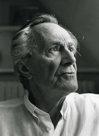 A portrait of Jean-François Lyotard: an older French philosopher with short white hair, glasses, and a thoughtful expression